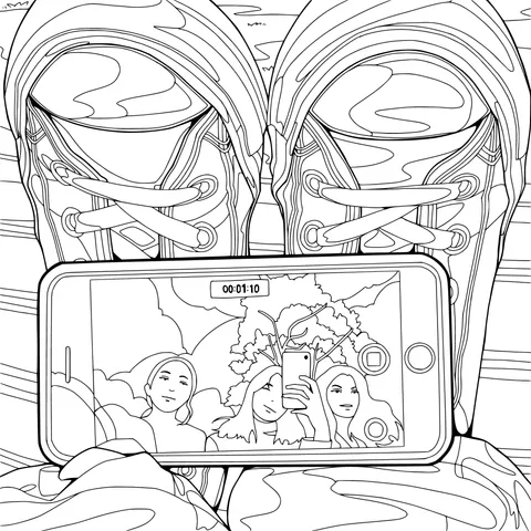 People taking a selfie viewed through a phone screen