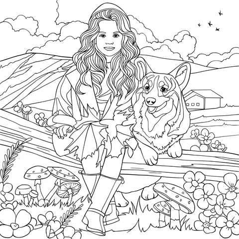 A Woman and Her Corgi in Autumn