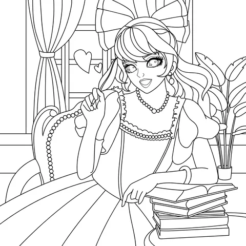 A girl in a pink dress and books
