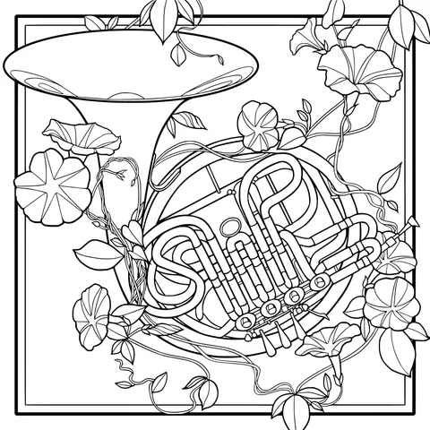 French Horn Surrounded by Flowers