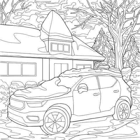A Red Car and a House in a Winter Snowscape