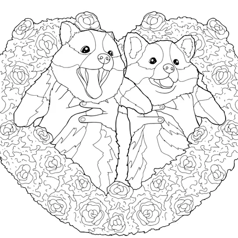 Two Puppies in a Heart - shaped Flower Bed