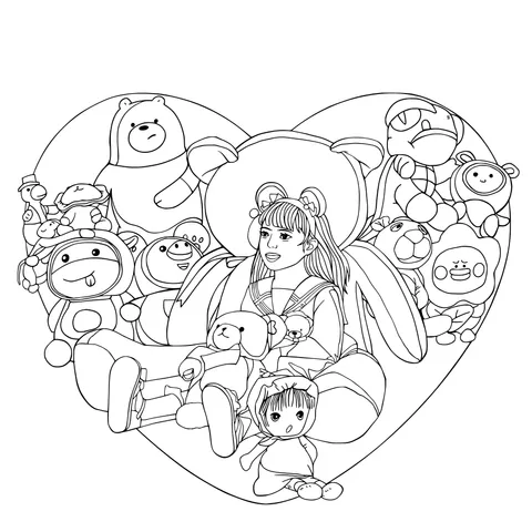 Girl Surrounded by Plush Toys