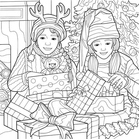 Girls unwrapping gifts under the Christmas tree