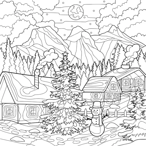 Cozy Mountain Village in Winter Night