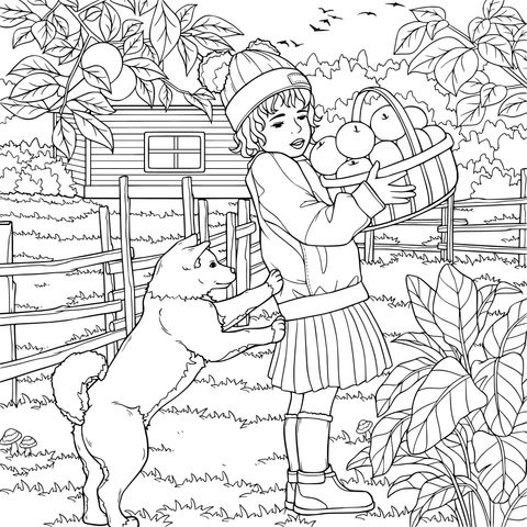 Garota e cachorro colhendo maçãs no pomar