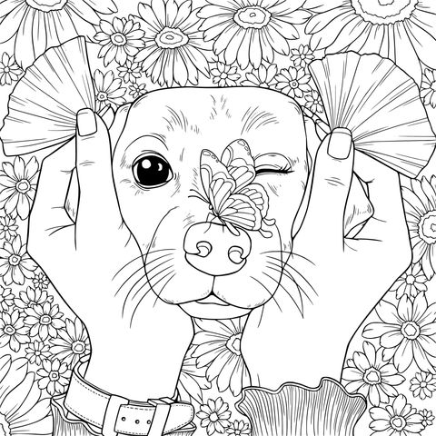 花に囲まれた可愛い犬