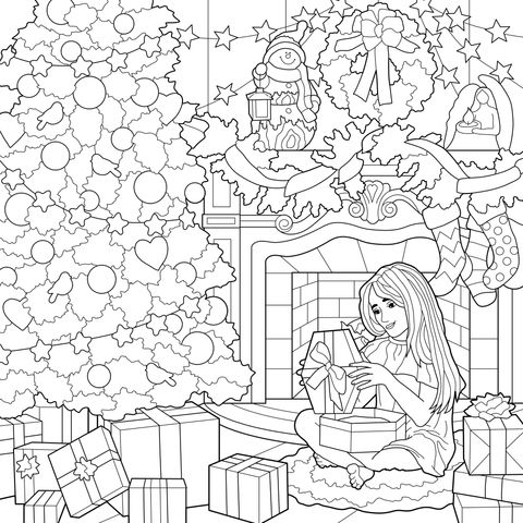 きれいに飾られた部屋で贈り物を開ける女の子