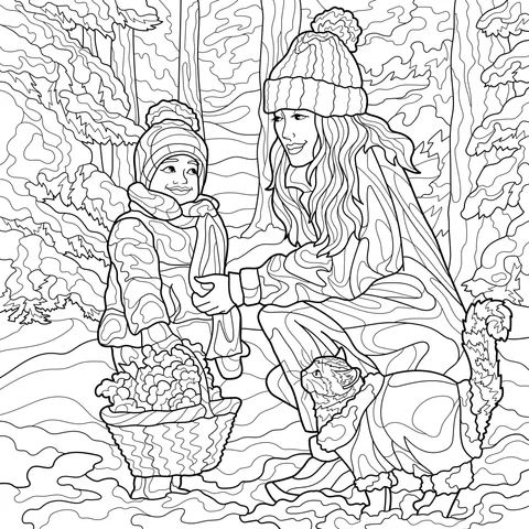 Mother - daughter and cat in the snowy forest in winter