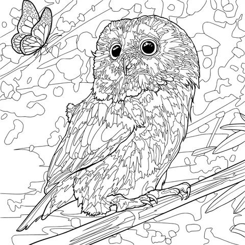 An owl and a butterfly on a branch