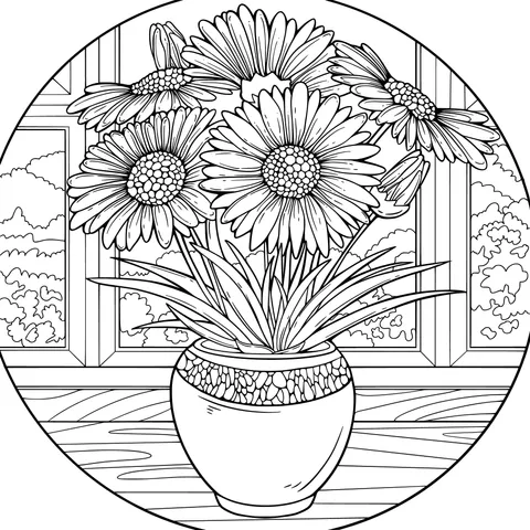 Colorful flowers in a vase by the window