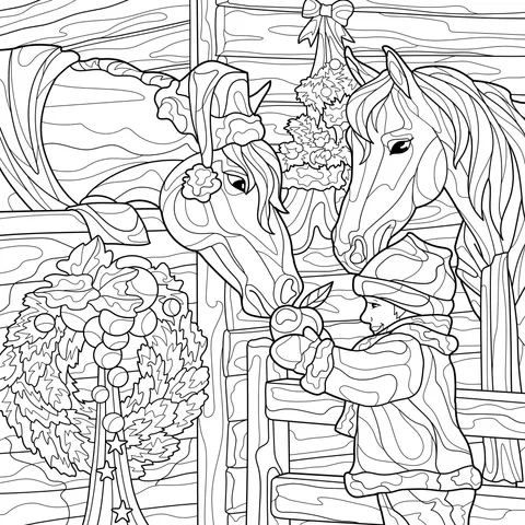 Child feeding horses at Christmas