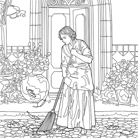 Woman Sweeping in Front of the Door