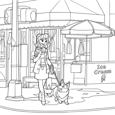 A woman walking a corgi on the street