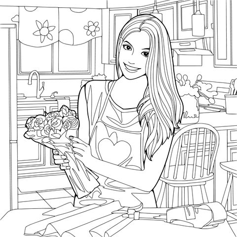 厨房里手持花束的女士