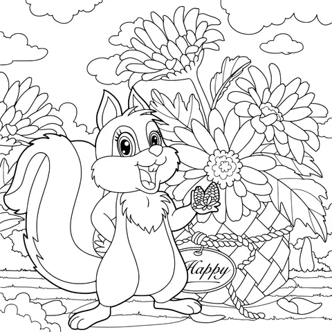 Squirrel with Nuts and Bouquet