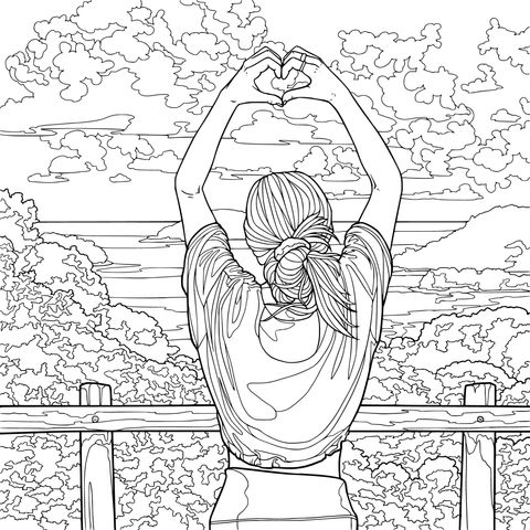 在美景前比心的女子