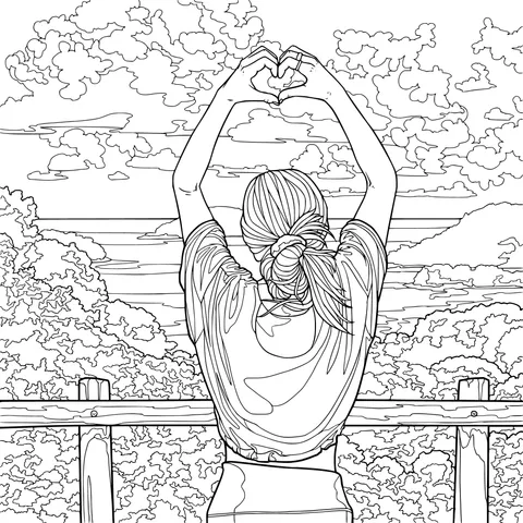 Woman making a heart - shape gesture in front of beautiful scenery