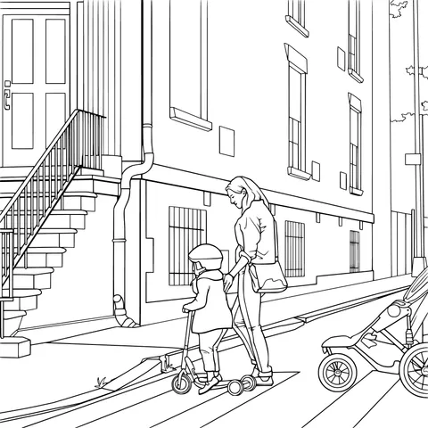 Mother accompanies her child riding a scooter across the road