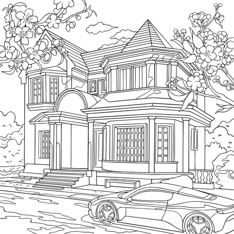 Pink Villa and Sports Car Surrounded by Cherry Blossoms