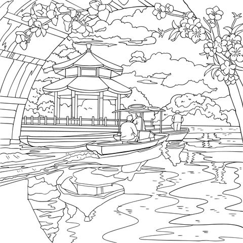 湖畔でボートを漕ぎながら景色を楽しむ