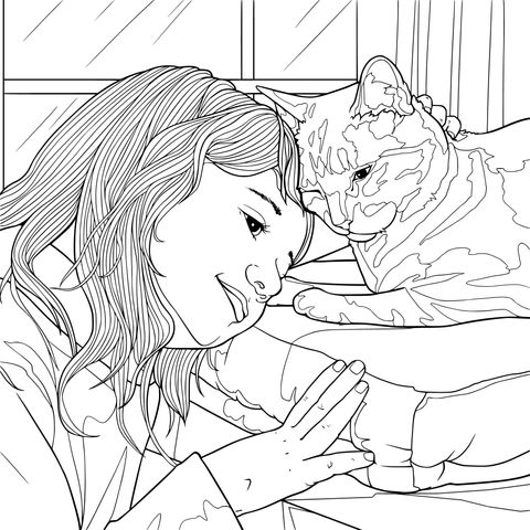 女孩与猫咪的温馨依偎