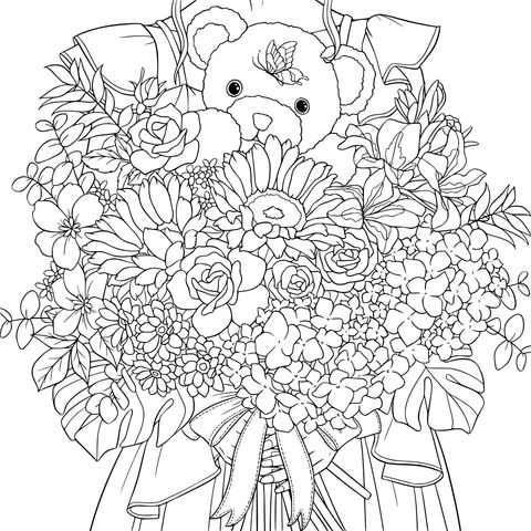 花とテディベアを持つ