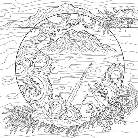 Pintura decorativa de montañas, aguas y olas