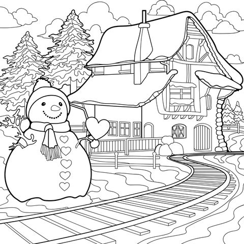 Boneco de neve e cabana de madeira no inverno