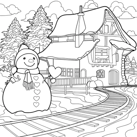 Snowman and Log - cabin in Winter