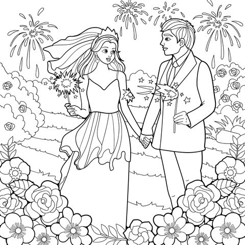 Recém - casados ​​sob os fogos de artifício