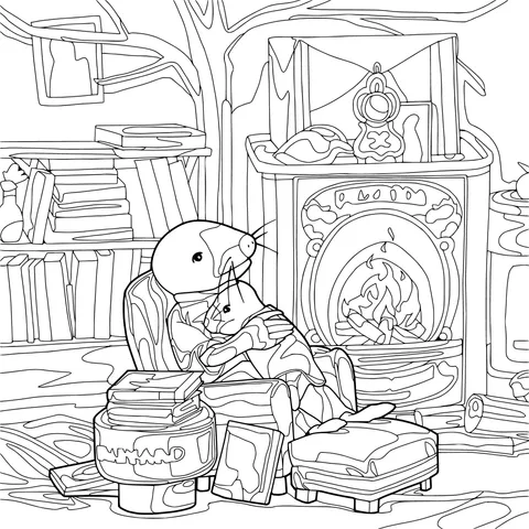Mole reading by the cozy fireplace