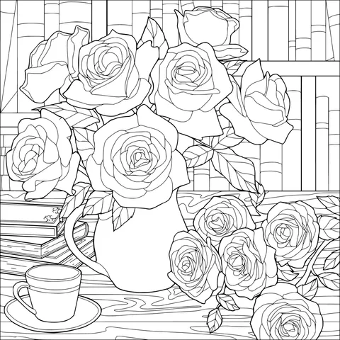 Colorful roses in a vase beside a bookshelf and a teacup
