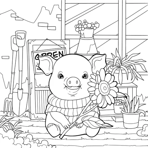 Pig holding a sunflower