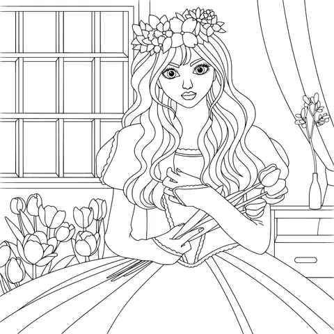 Girl in a Flower - print Dress Holding Tulips