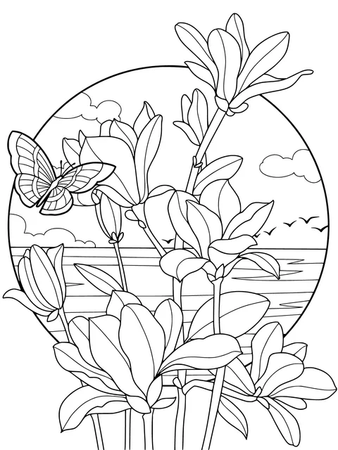 Magnolias and Butterfly under the Sunset