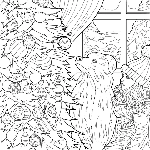 Girl and dog admiring a Christmas tree