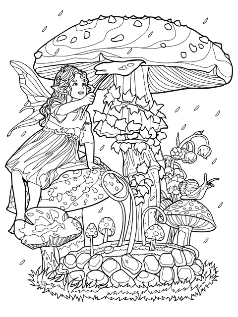 The Fairy under the Mushroom in the Rain