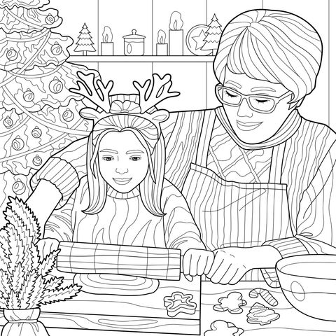 Abuela y nieta haciendo galletas navideñas juntos