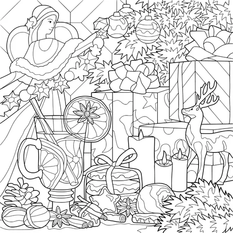Christmas Angel with Holiday Decorations and Delicacies