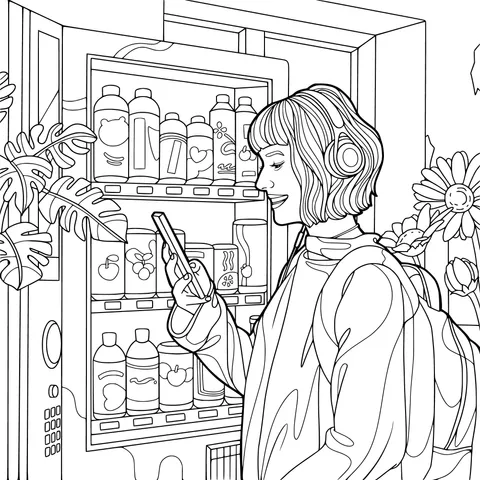 Girl operating a vending machine with her phone
