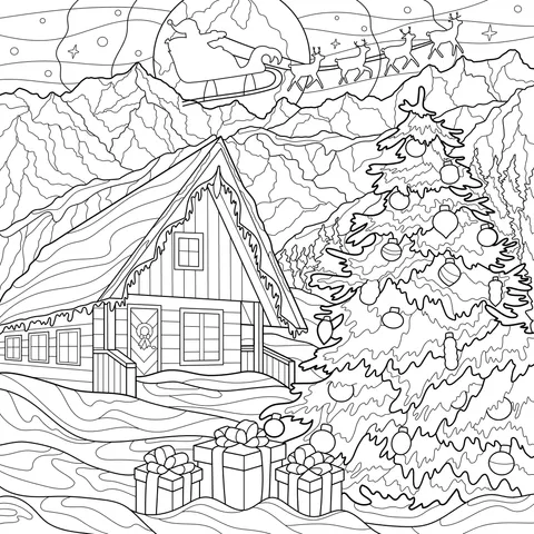 Mountain Cabin and Santa Claus on Christmas Eve