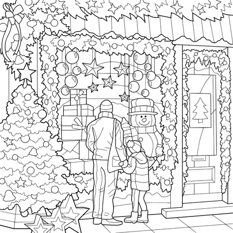 Father and daughter admire the Christmas window display