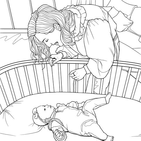 Mother leaning over to look at the baby in the crib