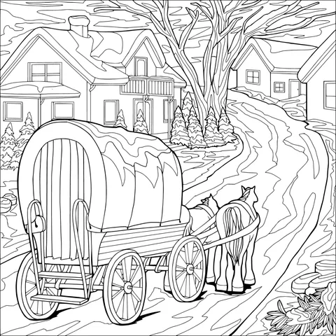A Horse - drawn Carriage in a Winter Village