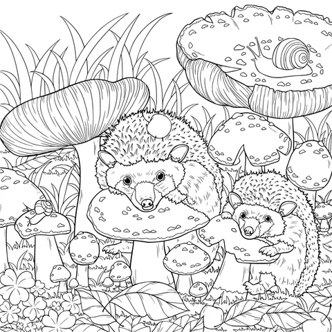 Hedgehogs and Snail in the Mushroom Patch