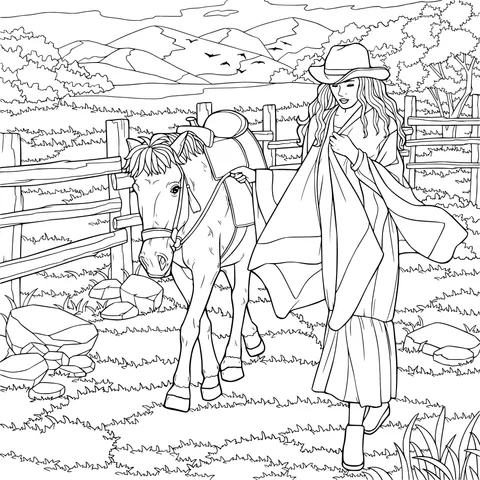 Woman strolling in the countryside with a horse