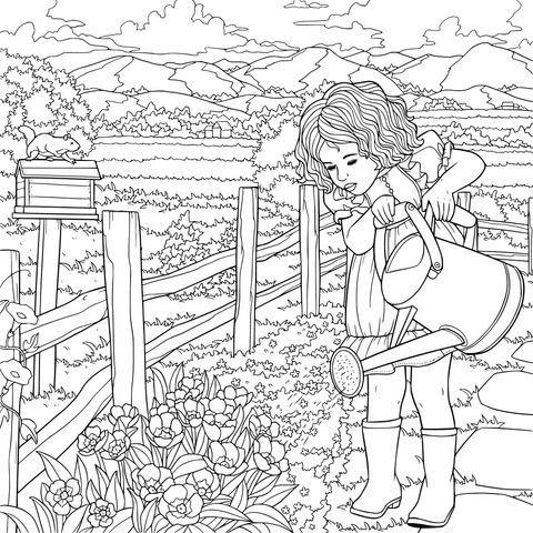 Garota regando flores no jardim