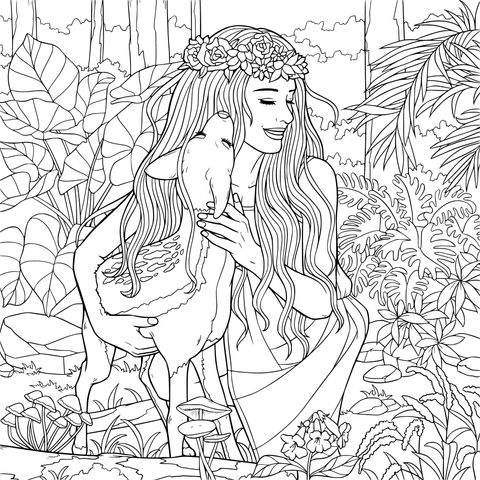 Uma moça e um cervo - jovem na floresta