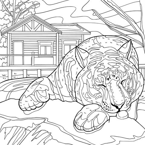 A Resting Tiger and a Log - cabin in the Snow
